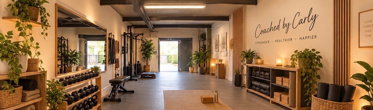 Concept image: a long, bright studio with a mirror wall, dumbbells and kettlebells on oak shelves, a squat rack and bench, plants and candles, and Coached by Carly lettered on the wall above the words Stronger, Healthier, Happier.